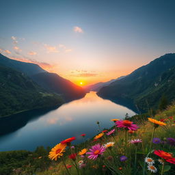 A beautiful scenic landscape featuring a serene lake surrounded by lush green mountains