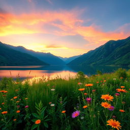 A beautiful scenic landscape featuring a serene lake surrounded by lush green mountains