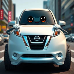 A Nissan car anthropomorphized as a human, showcasing the distinct features and design elements of the vehicle while incorporating a playful human touch