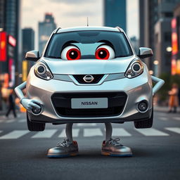 A Nissan car anthropomorphized as a human, showcasing the distinct features and design elements of the vehicle while incorporating a playful human touch