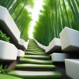 A first-person perspective photograph of the highest quality, realistically depicting a stepped path of individual white stone blocks descending down a mountain trail