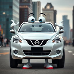 A Nissan car anthropomorphized as a human, showcasing the distinct features and design elements of the vehicle while incorporating a playful human touch