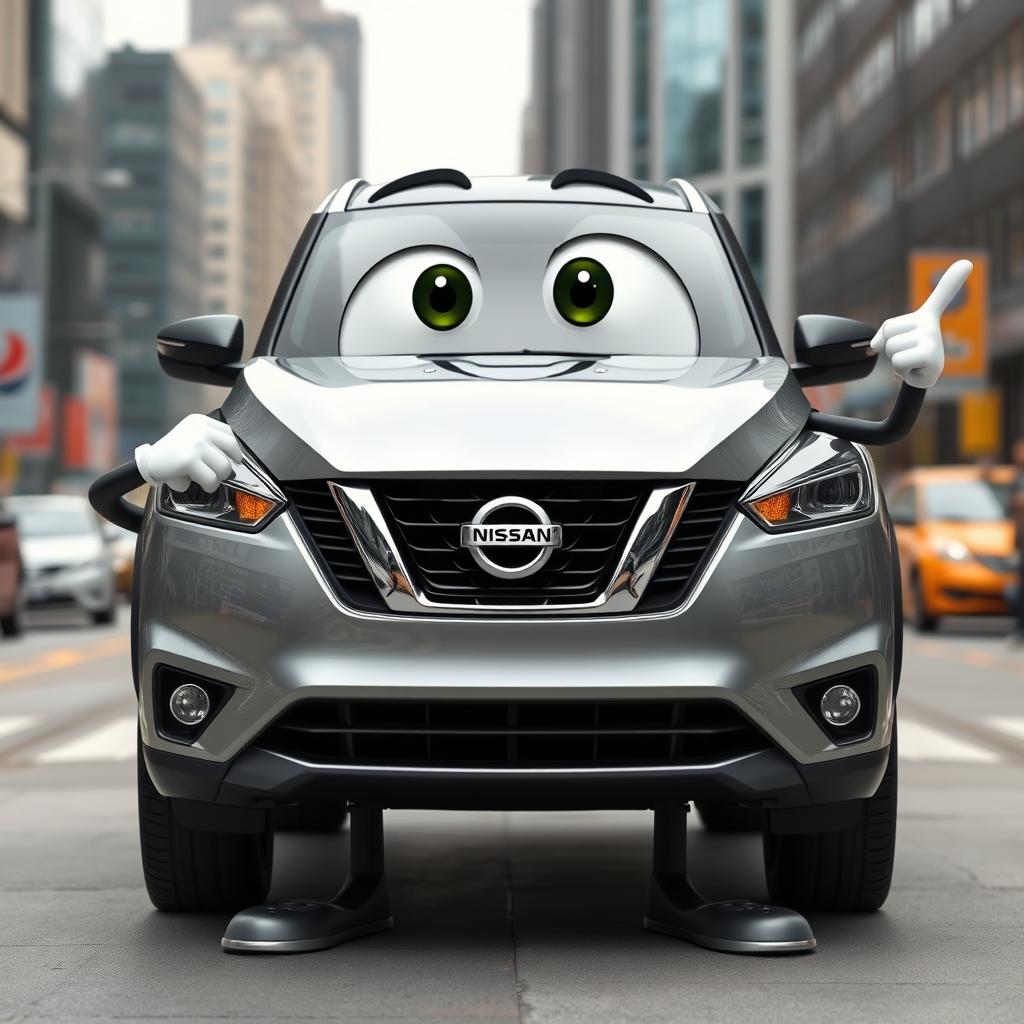 A Nissan car anthropomorphized as a human, showcasing the distinct features and design elements of the vehicle while incorporating a playful human touch