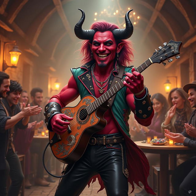 A lively tiefling bard inspired by the dynamic personality of Jack Black, featuring deep crimson skin, pronounced curved horns, and a wide, expressive smile