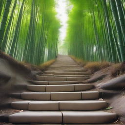 A first-person perspective photograph of the highest quality, realistically depicting a stepped path of individual white stone blocks descending down a mountain trail