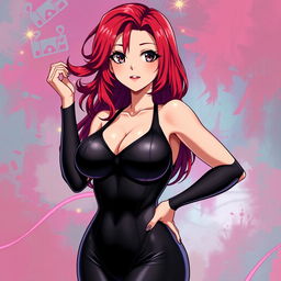 A sexy anime girl with striking red hair, styled in long waves, and large breasts, dressed in a form-fitting bodysuit that highlights her figure