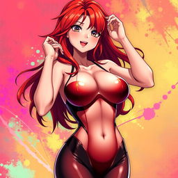 A sexy anime girl with striking red hair, styled in long waves, and large breasts, dressed in a form-fitting bodysuit that highlights her figure