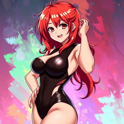 A sexy anime girl with striking red hair, styled in long waves, and large breasts, dressed in a form-fitting bodysuit that highlights her figure