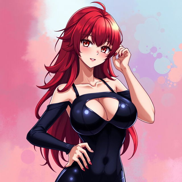 A sexy anime girl with striking red hair, styled in long waves, and large breasts, dressed in a form-fitting bodysuit that highlights her figure