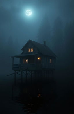 A mysterious and ominous cabin sitting on stilts over dark, still water, surrounded by dense fog and tall, shadowy trees