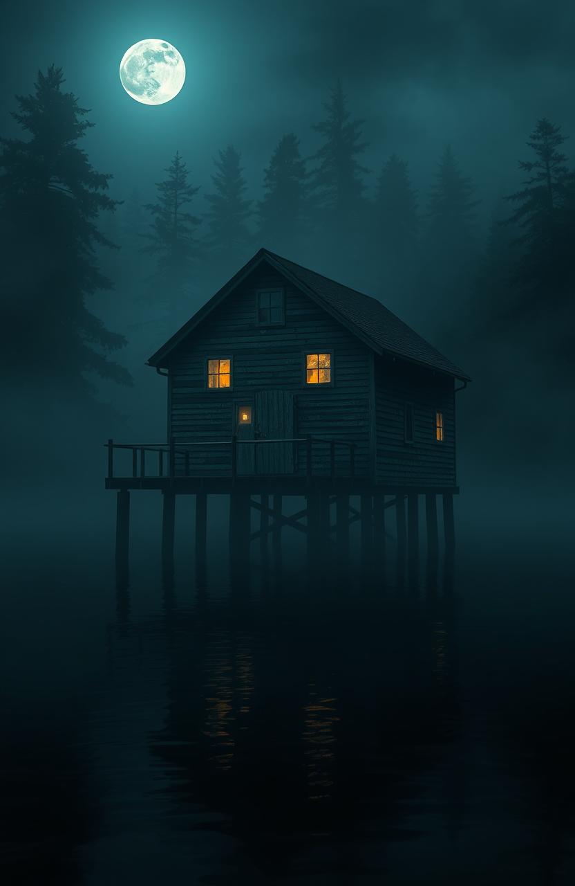 A mysterious and ominous cabin sitting on stilts over dark, still water, surrounded by dense fog and tall, shadowy trees