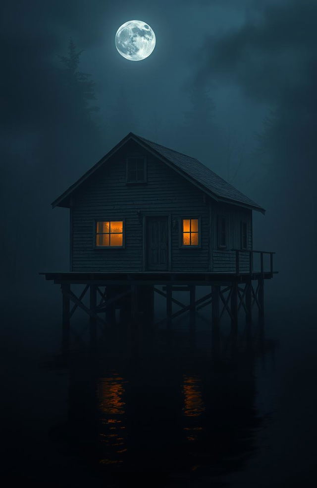 A mysterious and ominous cabin sitting on stilts over dark, still water, surrounded by dense fog and tall, shadowy trees