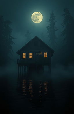A mysterious and ominous cabin sitting on stilts over dark, still water, surrounded by dense fog and tall, shadowy trees