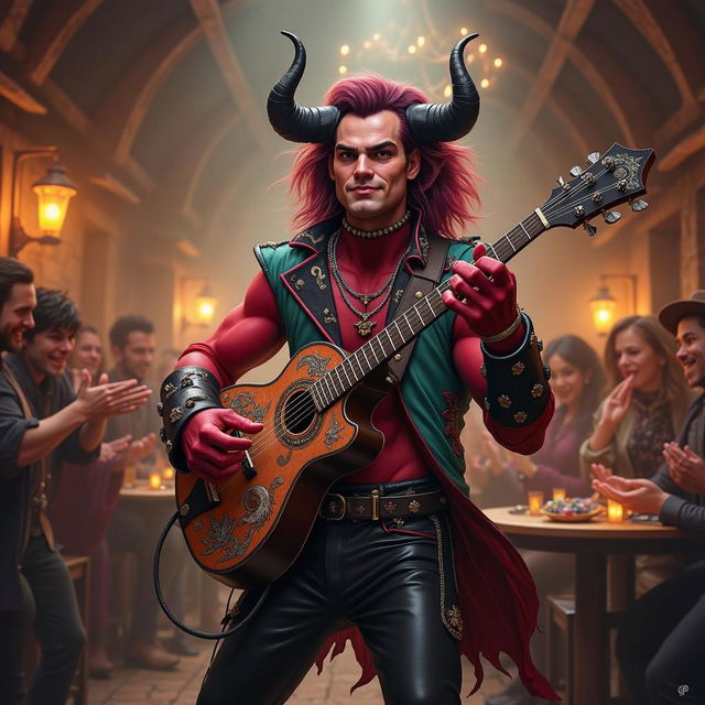 A charismatic tiefling bard inspired by the dynamic personality of Jack Black, featuring deep crimson skin, prominent curved horns, and a joyful, wide smile