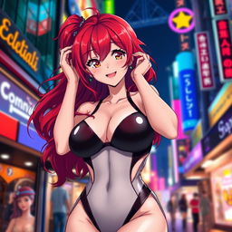 A sexy anime girl with captivating red hair, flowing in long waves, and voluptuous curves, wearing a skintight bodysuit that perfectly accentuates her large breasts