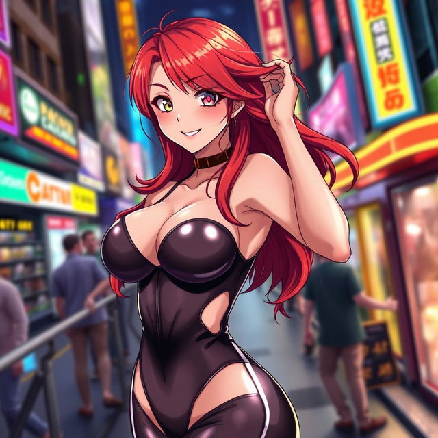 A sexy anime girl with captivating red hair, flowing in long waves, and voluptuous curves, wearing a skintight bodysuit that perfectly accentuates her large breasts