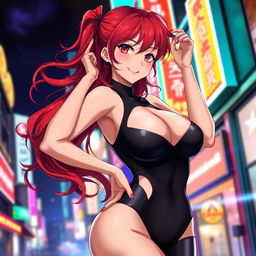 A sexy anime girl with captivating red hair, flowing in long waves, and voluptuous curves, wearing a skintight bodysuit that perfectly accentuates her large breasts