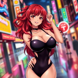 A sexy anime girl with captivating red hair, flowing in long waves, and voluptuous curves, wearing a skintight bodysuit that perfectly accentuates her large breasts