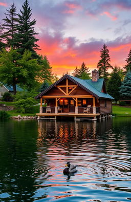 A picturesque lake cabin perched over tranquil waters, surrounded by lush greenery and towering trees