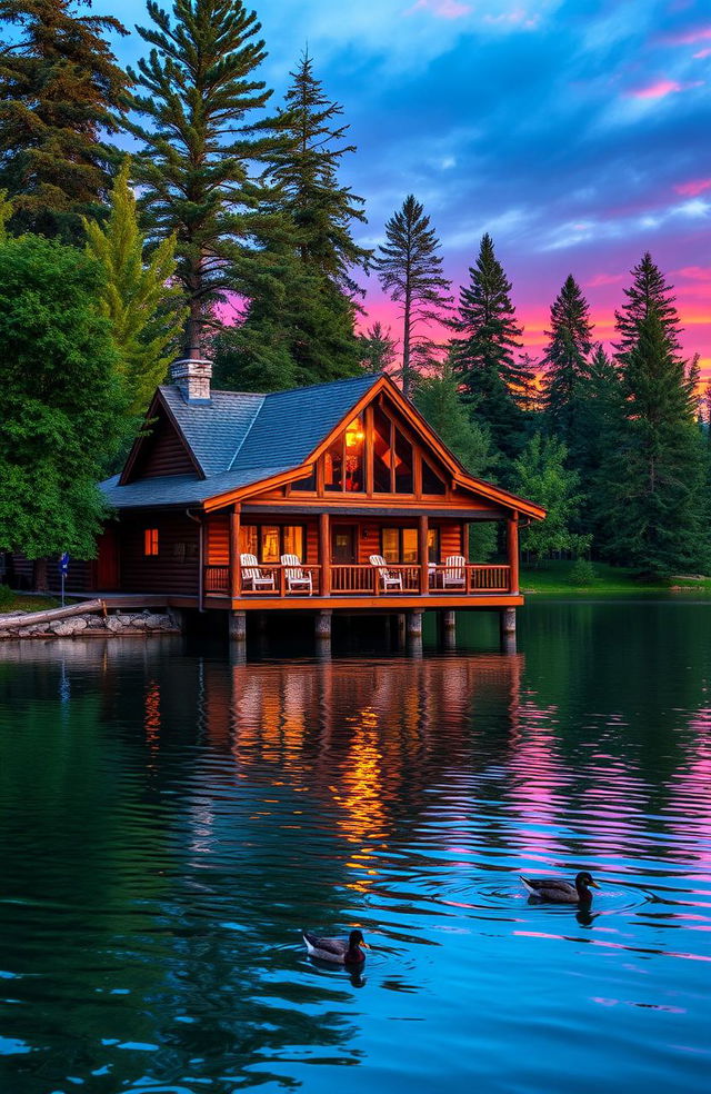 A picturesque lake cabin perched over tranquil waters, surrounded by lush greenery and towering trees
