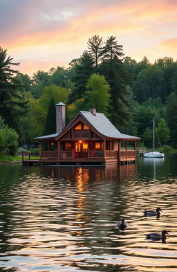 A picturesque lake cabin perched over tranquil waters, surrounded by lush greenery and towering trees