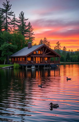 A picturesque lake cabin perched over tranquil waters, surrounded by lush greenery and towering trees