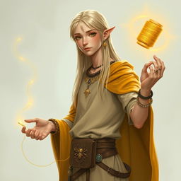 A tall young male half-elf with a slender build, long straight blonde hair cascading down to his waist