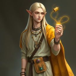 A tall young male half-elf with a slender build, long straight blonde hair cascading down to his waist