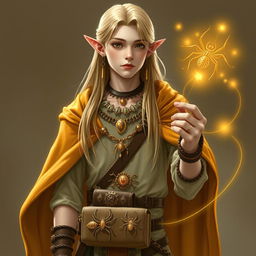A tall young male half-elf with a slender build, long straight blonde hair cascading down to his waist