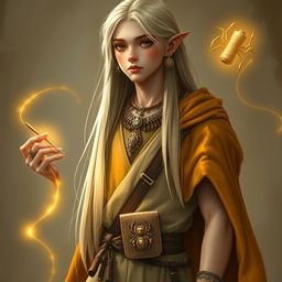 A tall young male half-elf with a slender build, long straight blonde hair cascading down to his waist