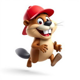 A 3D cartoon of a funny and hilarious beaver running on both legs, wearing a vibrant red baseball cap