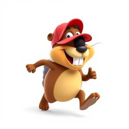 A 3D cartoon of a funny and hilarious beaver running on both legs, wearing a vibrant red baseball cap