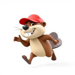 A 3D cartoon of a funny and hilarious beaver running on both legs, wearing a vibrant red baseball cap