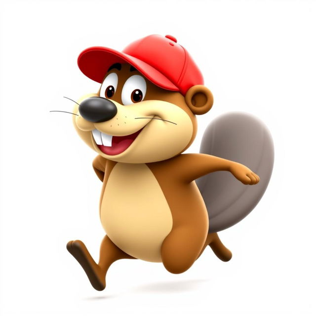 A 3D cartoon of a funny and hilarious beaver running on both legs, wearing a vibrant red baseball cap