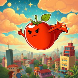 A heroic tomato wearing a cape, flying through a colorful sky filled with clouds and stars, surrounded by a vibrant city landscape below