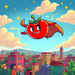 A heroic tomato wearing a cape, flying through a colorful sky filled with clouds and stars, surrounded by a vibrant city landscape below