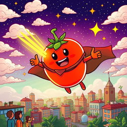 A heroic tomato wearing a cape, flying through a colorful sky filled with clouds and stars, surrounded by a vibrant city landscape below