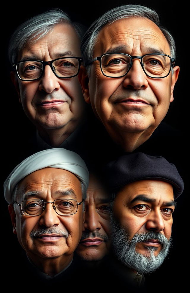 A creative collage consisting of the faces of Bill Gates, Warren Buffet, Elon Musk, Mukesh Ambani, Chaerul Tanjung, Abdurrahman bin Auf, and Uthman bin Affan