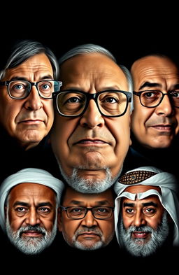 A creative collage consisting of the faces of Bill Gates, Warren Buffet, Elon Musk, Mukesh Ambani, Chaerul Tanjung, Abdurrahman bin Auf, and Uthman bin Affan