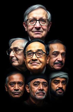A creative collage consisting of the faces of Bill Gates, Warren Buffet, Elon Musk, Mukesh Ambani, Chaerul Tanjung, Abdurrahman bin Auf, and Uthman bin Affan