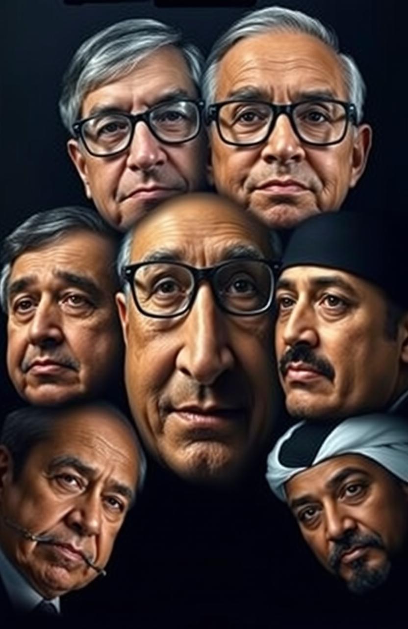 A creative collage consisting of the faces of Bill Gates, Warren Buffet, Elon Musk, Mukesh Ambani, Chaerul Tanjung, Abdurrahman bin Auf, and Uthman bin Affan