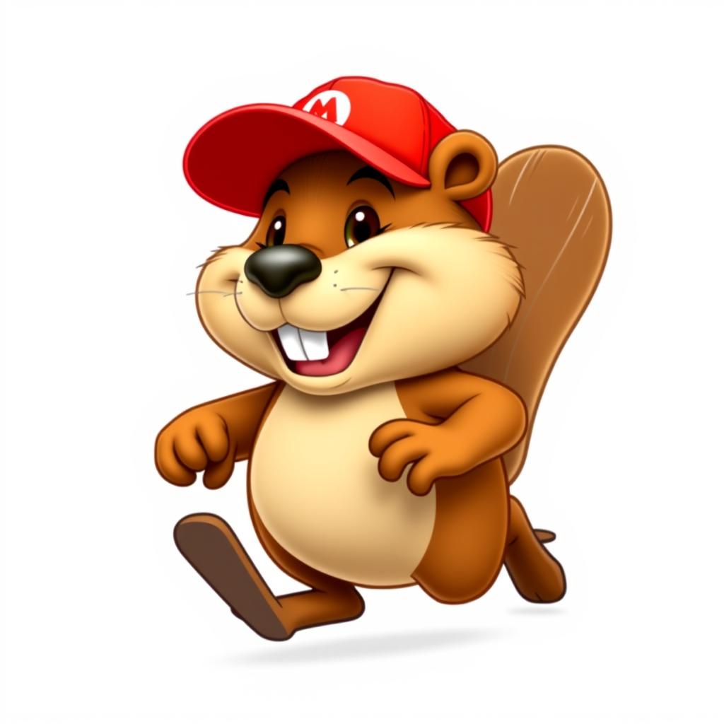 A 3D cartoon of a funny and hilarious beaver running on both legs, wearing a bright red baseball cap