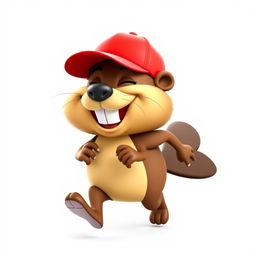 A 3D cartoon of a funny and hilarious beaver running on both legs, wearing a bright red baseball cap