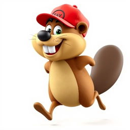 A 3D cartoon of a funny and hilarious beaver running on both legs, wearing a bright red baseball cap