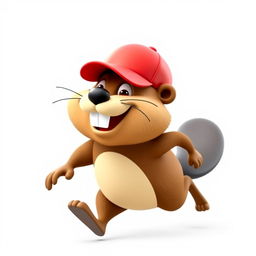A 3D cartoon of a funny and hilarious beaver running on both legs, wearing a bright red baseball cap
