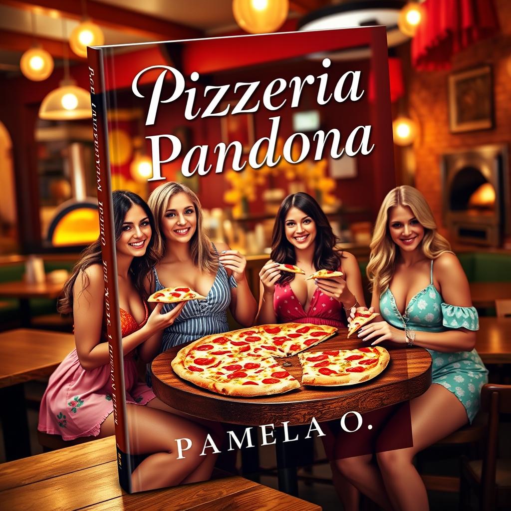 An enticing book cover featuring four young women enjoying pizza in a cozy pizzeria