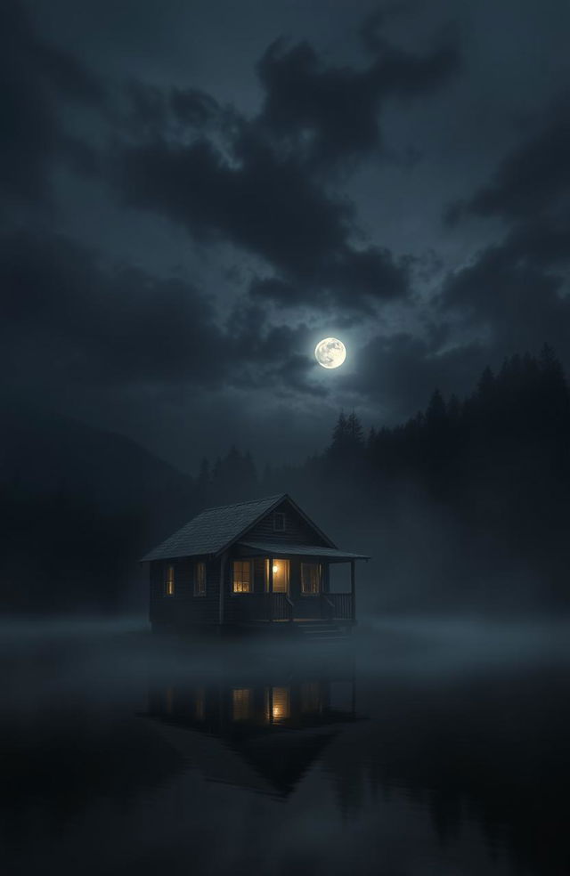 A spooky cabin situated on the edge of a misty lake, surrounded by dark, shadowy trees