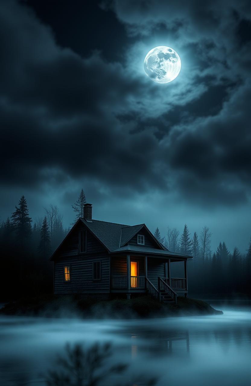 A spooky cabin situated on the edge of a misty lake, surrounded by dark, shadowy trees