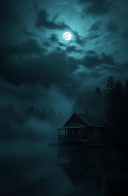 A spooky cabin situated on the edge of a misty lake, surrounded by dark, shadowy trees