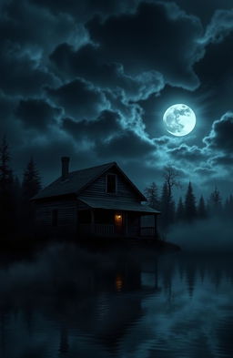 A spooky cabin situated on the edge of a misty lake, surrounded by dark, shadowy trees